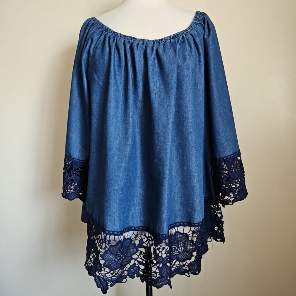 Unique Spectrum Denim Off Shoulders Tunic Lace Embroidered Blouse Size 3X